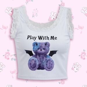 NWT Play With Me Devil Teddy Bear White Crop Lace Trim Tank Top Size Medium
